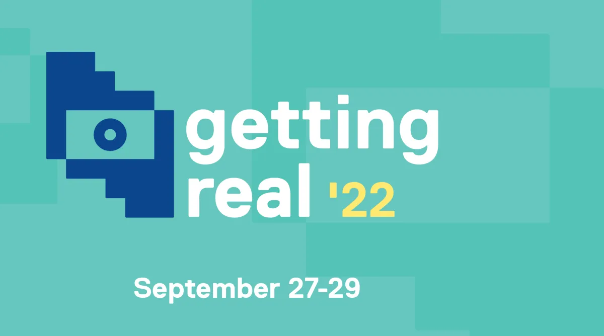 Green and blue banner for Getting Real conference with dates September 27-29. 2022.