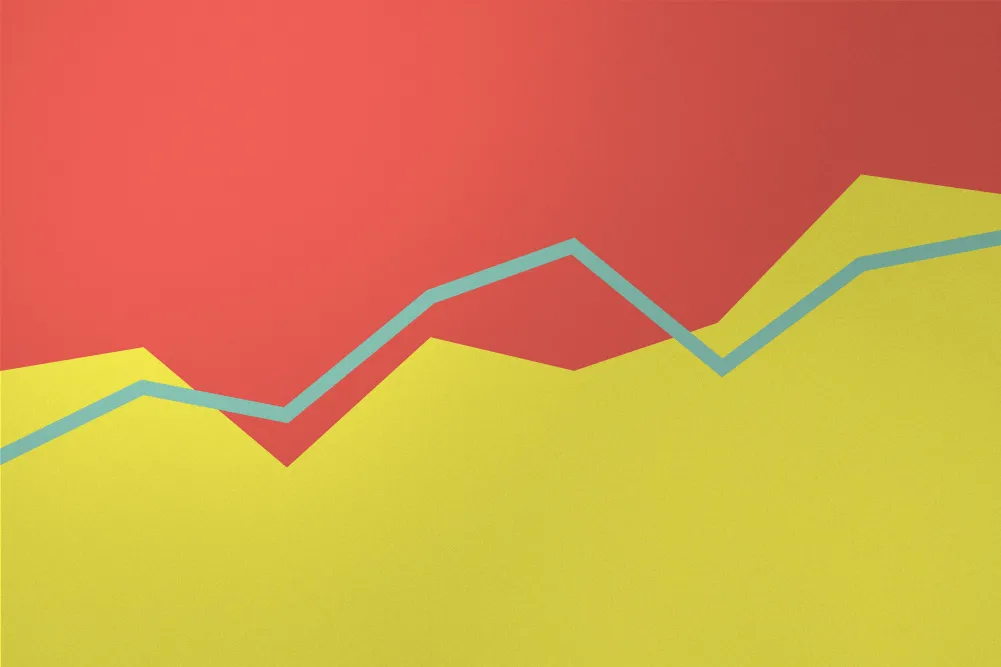 Minimalist graphic of an aqua line graph above yellow stacked graph against salmon pink background.