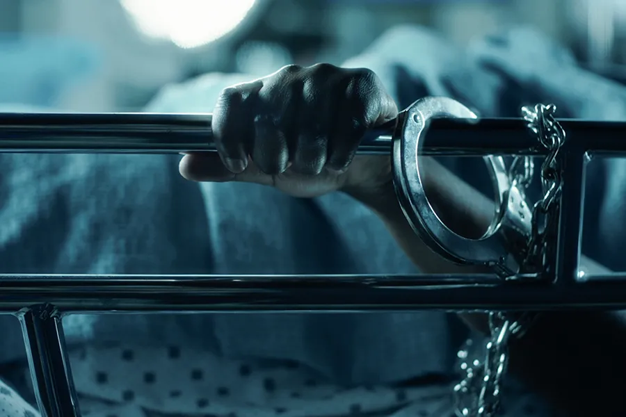 close-up shot of a hand holding onto a hospital bed rail