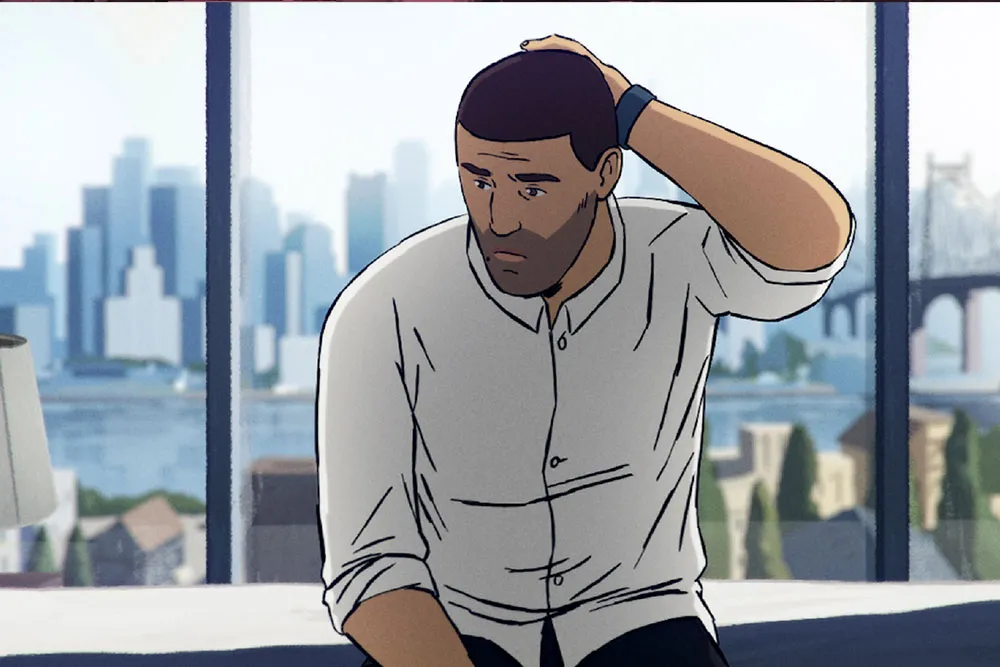 An animated man with brown skin and dark brown hair scratches his head. A city can be seen behind him.