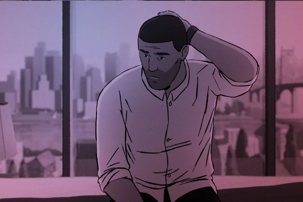 An animated man with brown skin and dark brown hair scratches his head. A city can be seen behind him.