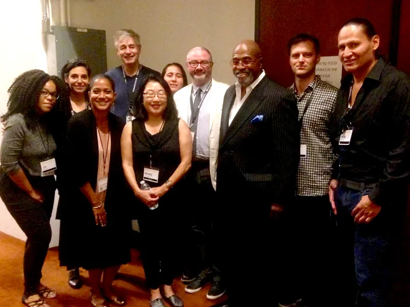 group photo of Jai Tiggett, Deb Esquenazi, Sonya Childress, Renee Tajima-Peña, Steve James, Anna Vasquez, Simon Kilmurry, Mohammad Mubarak, Jack Pettibone Riccobono, and Rob Brown.