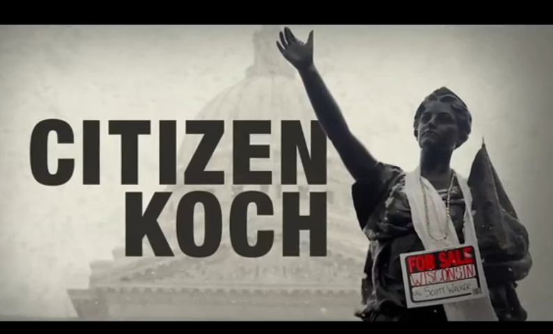 promotional graphic for Citizen Koch; statue with a for sale sign around neck in front of government buidling