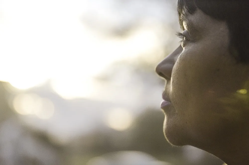 A still from "Commuted": Protagonist Danielle Metz, a middle aged woman, is shown in sharp focus in the foreground, looking out at a sunset. 