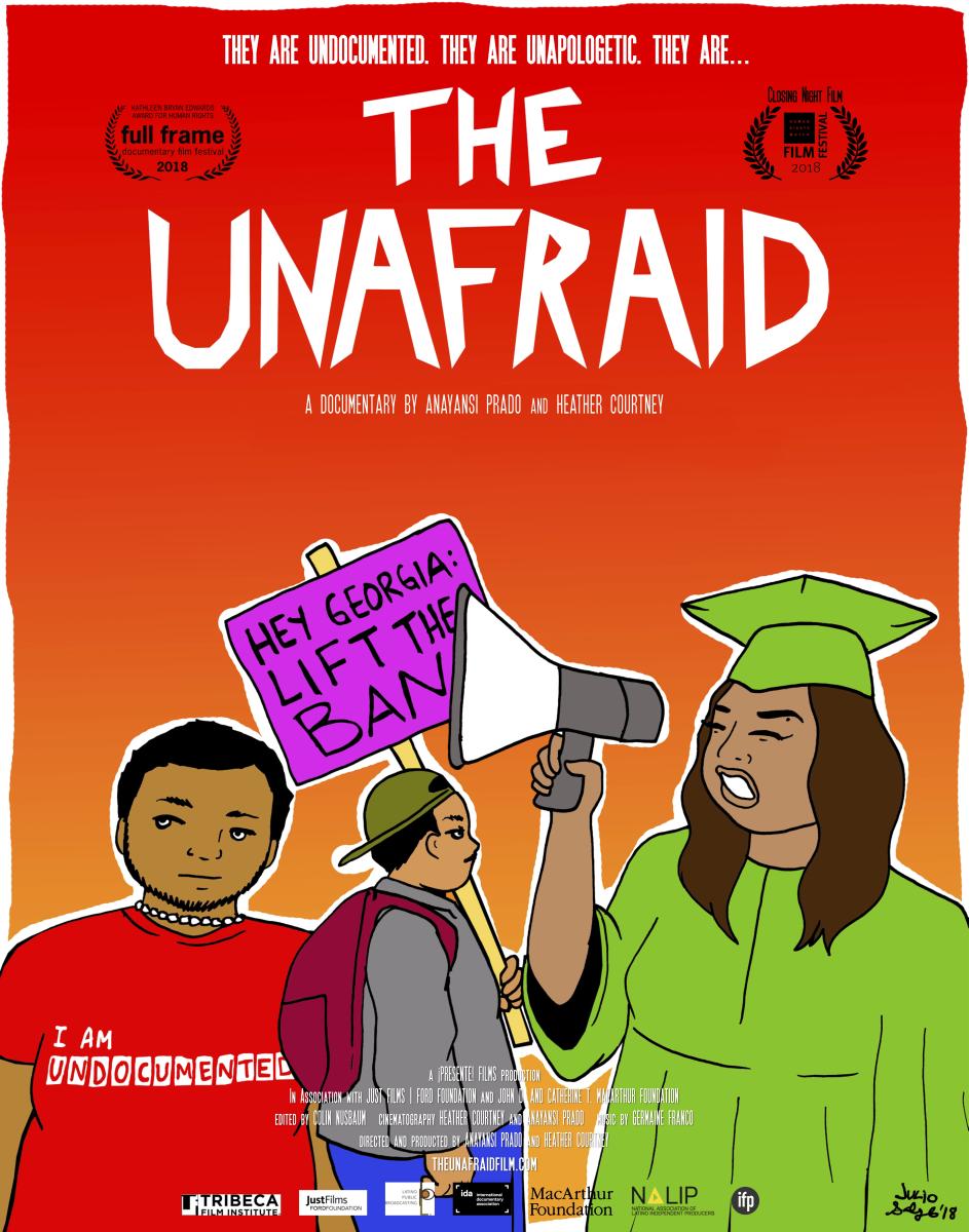 An animated graduate in a green rob holds a megaphone in front of a student protester and latin american individual with a "I am Undocumented" red t-shirt.