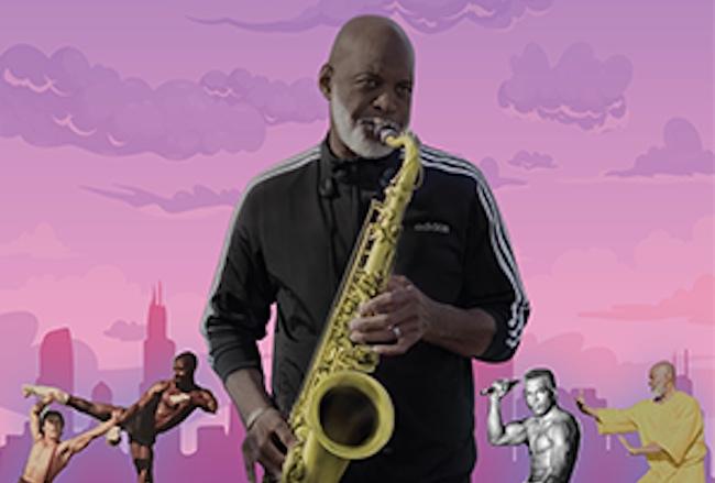 A black man in a tracksuit plays the saxophone in front of an illustrated, pink skyline, as various martial arts figures are seen behind him