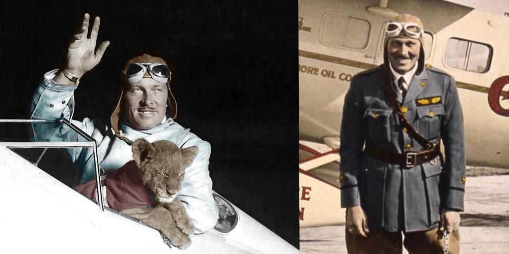 Roscoe Turner waves from the cockpit of a plane with his pet tiger in the left photo. He stands on the tarmac in front of his plane in the right photo.