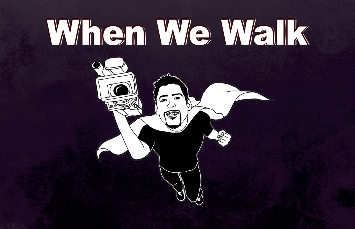 An illustrated image of an adult in superhero outfit carrying a camera