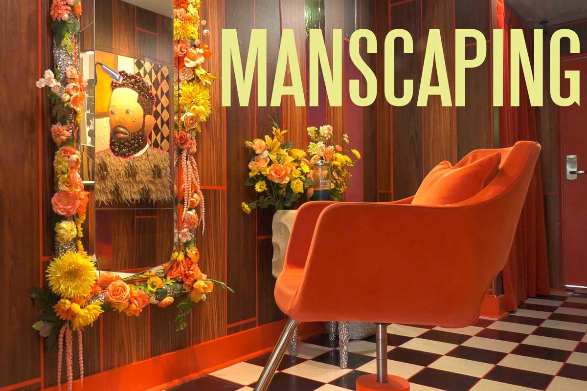 An orange barber chair on a checkerboard floor in a vibrant 70's style barbershop. In the mirror we can see a painting of a man with a teardrop