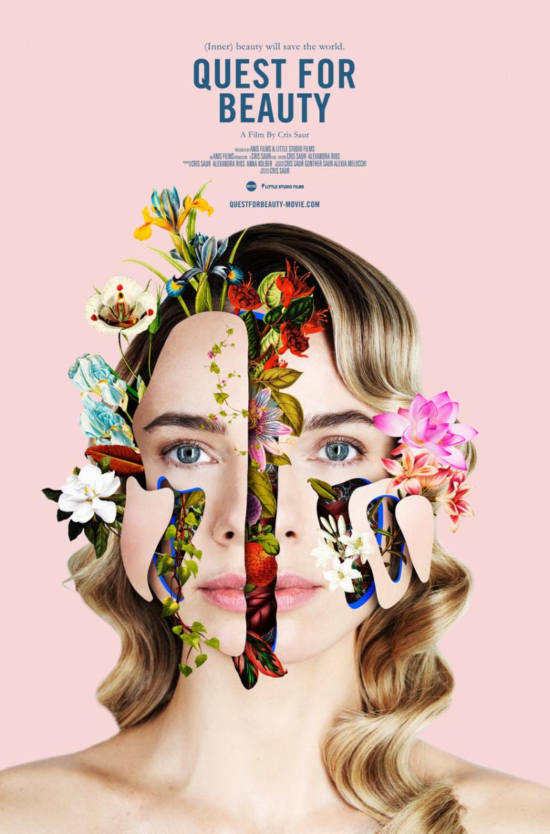 flowers, leaves and other natural imagery seep through the artificial "cracks" in a young White woman's face. 