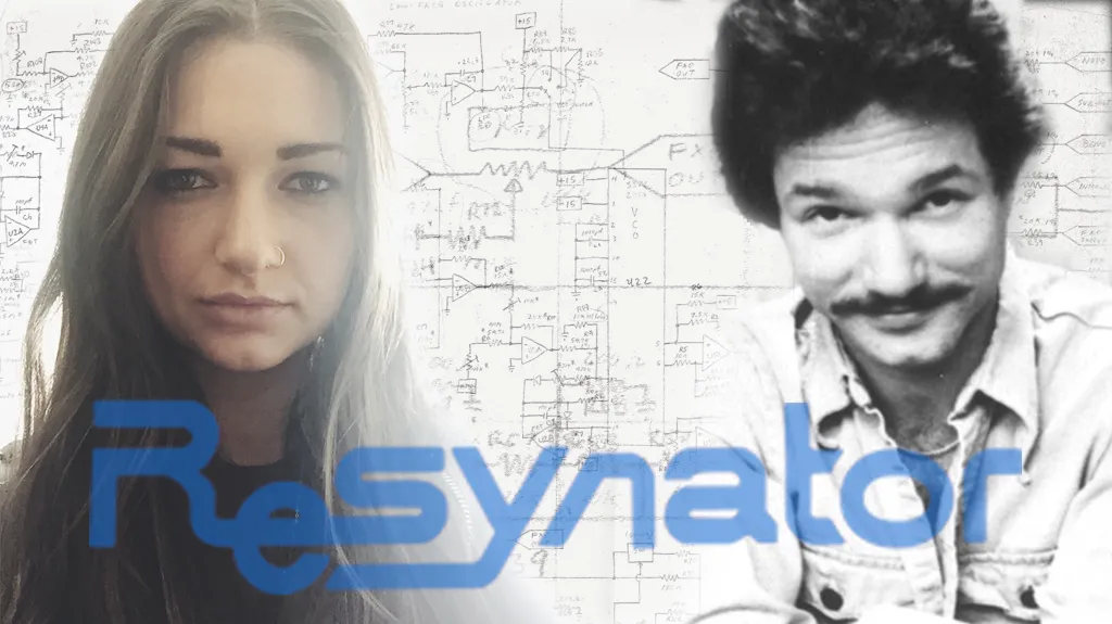 a young Woman and an old 70's era photo of a young man with a mustache are superimposed over sound frequency charts. 