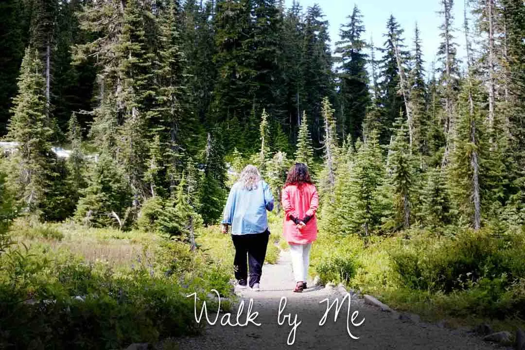 Two people walk side by side into the light, in a wooded area