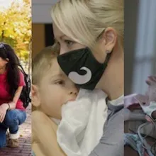 	The image contains three different pictures taking up equal space. The image on the far left has a young girl in a pink wheelchair looking at her grandmother, a white woman in a red shirt. The center image has a young boy in the arms of his mother a blond white woman, as he mouths his blanket for comfort. She is wearing a face mask with a moustache on it. The right image pictures a 5 year old girl, she is pouting and has electrodes on her face.