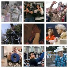 collage of film stills: woman in pink dress with man in white and black shirt, teens holding plastic guns with bullet proof vests on, man in african garb holding up his hands in praise in the middle of a crowd, tall plastic figure of a man in a black suit, woman sitting down with hand to head, man and woman sitting next to each other wearing suits, disabled person in a wheelchair holding a big Q block, man in all black turning around in a chair, man in blue checkered short with a white cowboy hat. 