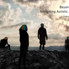 A silhouette of four people standing on top of a cliff as the sun shines through the clouds. Text in the top left corner reads "Beyond the Cliff: Navigating Autistic Adulthood"