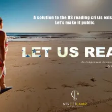 A young girl in a flowy dress walks on the beach, the text LET US READ is superimposed on top of the image