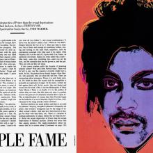 An article titled Purple Fame on the left with an image of Prince on the right, outlined in black and purple amidst an orange background.