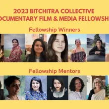 Image featuring the headshots of the seven fellowship winners and mentors of the 2023 Bitchitra Collective Documentary Film & Media Fellowship.