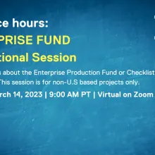 Flyer with blue background with white and gold text highlighting ida office hours, international info session, March 14, 2023, 9:00 AM PT.