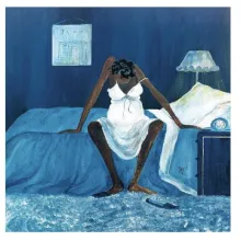 Illustrated image of a Black woman wearing a nightgown, sitting on a bed and looking down