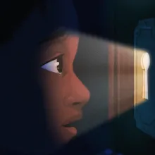 Still from "When My Sleeping Dragon Woke." Young, brown skin person looking through a key hole.