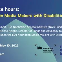 Flyer blue and light green background with white and gold text: ida office hours Nonfiction Media Makers with Disabilities Survey. Wednesday, May 10, 2023, 9AM PT via Zoom. 