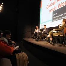 Photograph of the Wondery panel at the Hot Docs Podcast Festival Showcase.