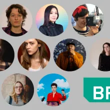 Photographs of the selected BRIClab 2023–2024 Artists-in-Residence in film + tv and video art cohorts. In the bottom right corner of the image is the green BRIC logo.