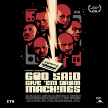 Film poster featuring a cartoon depiction of six men and a lightning bolt hitting a drum machine