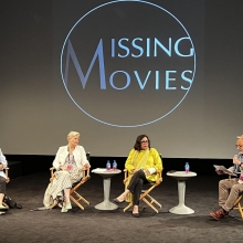 Photograph of  Susan Bodine, Mary Harron, Mira Nair, Ira Deutchman (L to R) at a Missing Movies panel at Tribeca.