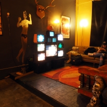 Interior of Stray Cat Film Center, a storefront microcinema in Kansas City