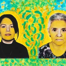 The color portraits of two women, Mabel and her mother, their faces painted in yellow stand against a vibrant, painterly background showcasing blue, green, yellow, and orange hues.