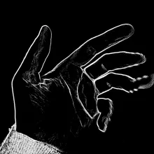 A left hand, palm-side up, is rendered in a hand-drawn style with white lines on a black background. The fourth and fifth fingers are warped and stretching with a glitch aesthetic, as if beginning to float away.