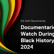 Black background with green, yellow, and red waves on the left side. White IDA logo in top right corner. White text: IDA Staff Recommends: Documentaries to Watch During Black History Month 2024