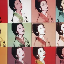 Multicolored repeating silkscreen close-up portrait of a woman wearing a traditional Japanese kimono