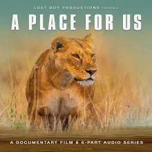 An image of a lion standing in dry grassland, with the text A Place For Us written above it in white