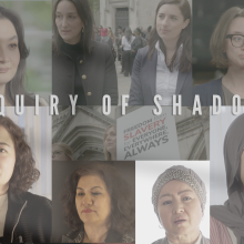 A collage of nine different women, with the text Inquiry of Shadows superimposed in white