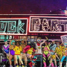 A graphic with a neon sign reading "Block Party Bodega", and several characters standing in front of it with surreal, funky costumes. 