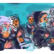 Illustrated image featuring a group of five young men, all with their eyes closed and hands placed over their hearts. The background is a mix of teal and turquoise shades, and the people depicted have different skin tones and hairstyles.