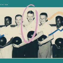 Photograph of five young men holding bowling balls.