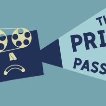An illustrated film projector with a frowning face throwing the words "The Price of Passion"
