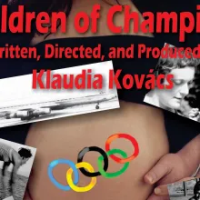 Collage of black and white photos around a color photo of a pregnant woman. The olympic rings are painted on her stomach. 