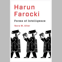 The cover of "Harun Farocki: Forms of Intelligence," depicting three humanoid robots holding cameras.