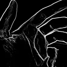 A left hand, palm-side up, is rendered in a hand-drawn style with white lines on a black background. The fourth and fifth fingers are warped and stretching with a glitch aesthetic, as if beginning to float away.