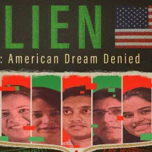 A collage of characters in front of a red and green background, with the text Alien: American Dream Denied above them.