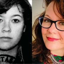 A black and white portrait of a young woman with long dark hair, next to a color portrait of the same woman