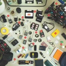 A top-down photograph of camera gear.