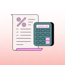 A pink and teal graphic image of a calculator and a piece of paper with a % sign.