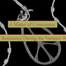 Peace sign necklace with the words, A Matter of Conscience: GI Resistance During the Vietnam War