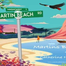 Illustrated image of a beach with mountains in the background and birds flying in the sky. A road sign in the foreground reads Martins Beach